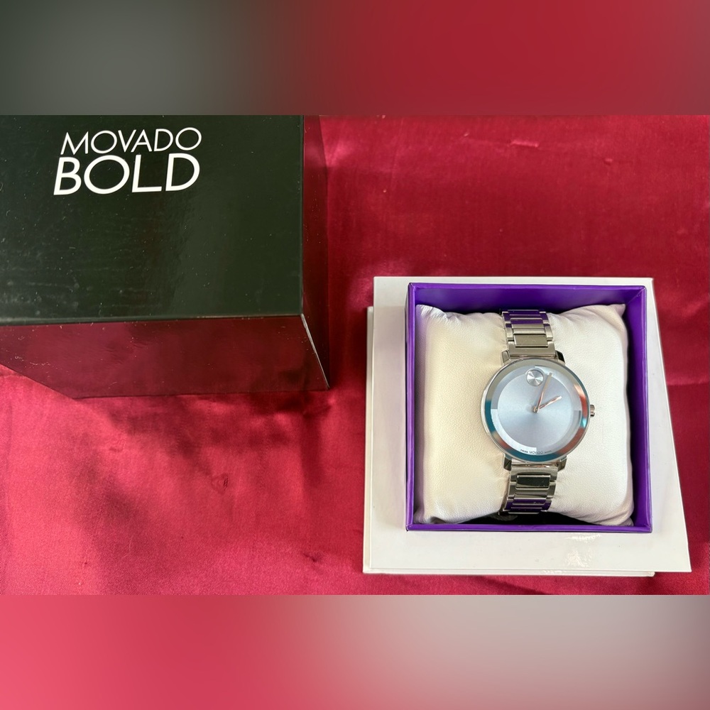 Movado Silver Watch with Blue Dial